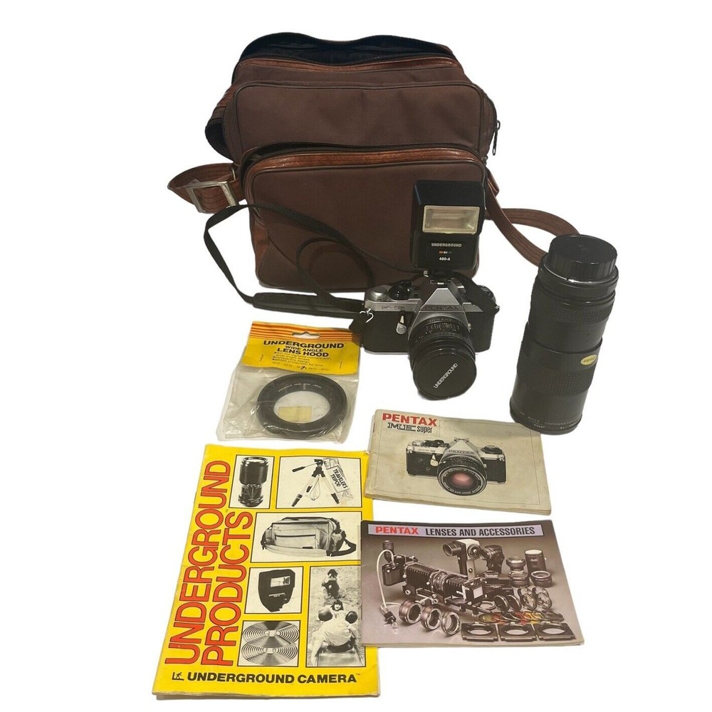 PENTAX ME SUPER 35mm Camera Bundle 2 Lenses 55 80-200mm Flash Leather Bag